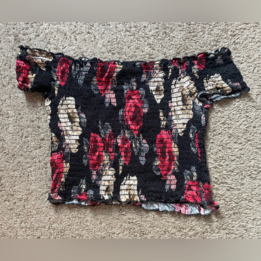 Red, gold, black rose shirred off the shoulder crop top size medium